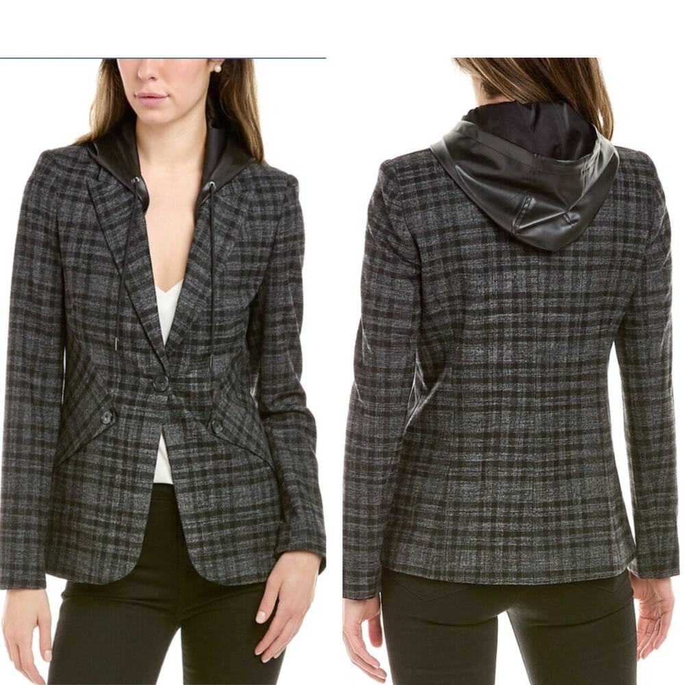 ELIE TAHARI Gray Black Plaid Blazer Size 6 Detachable Hood Office Academia